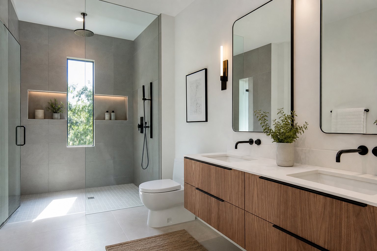 A newly remodeled bathroom with a glass walk-in shower and wood vanity