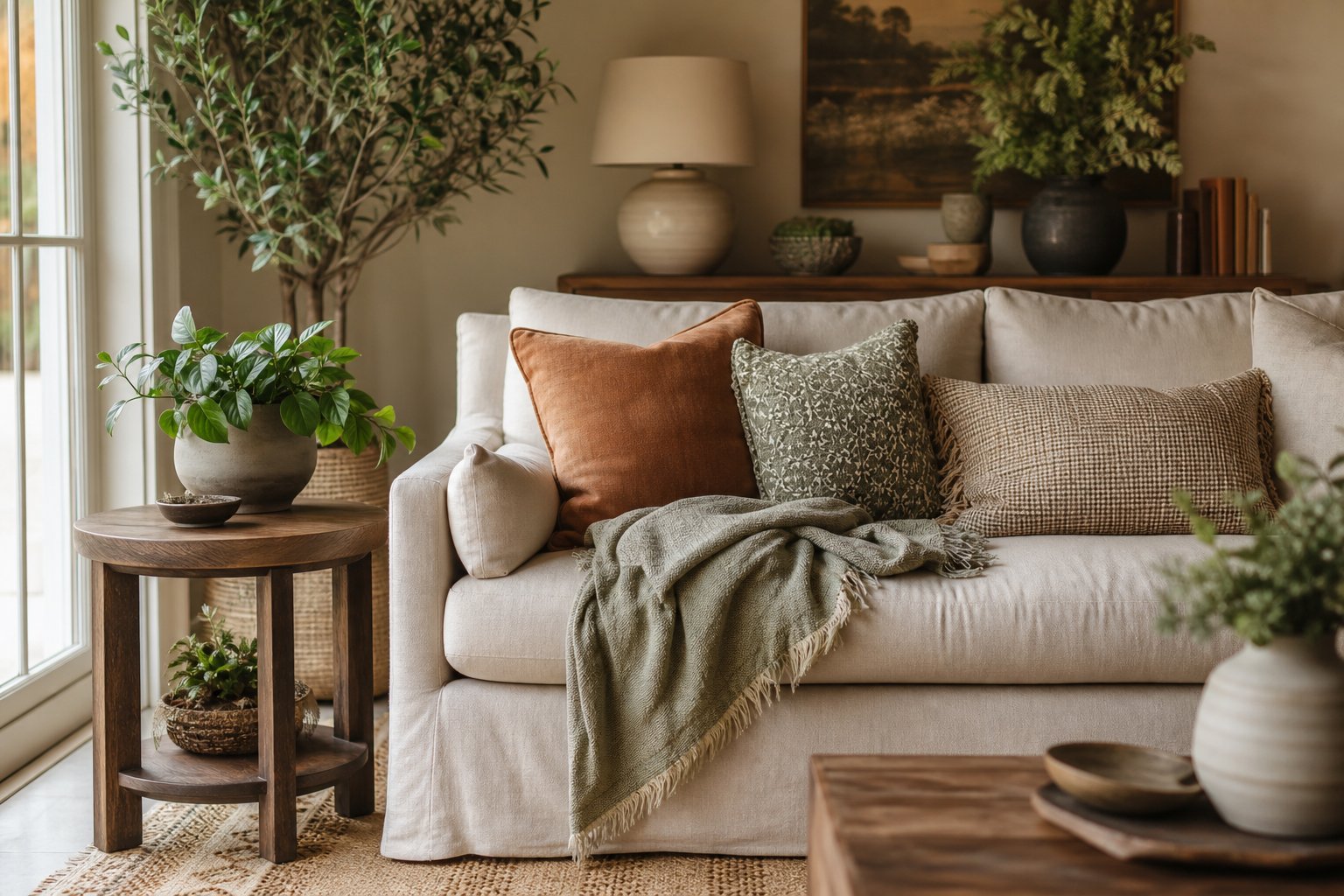 A warm, neutral living room with layered textiles and plants