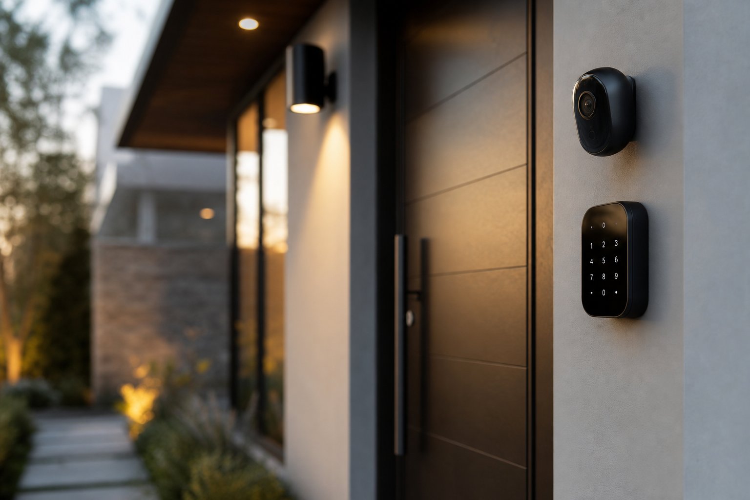 A smart home security keypad beside the front door of a modern house