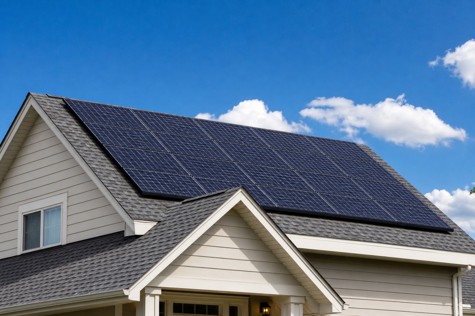 Solar panels mounted on a freshly shingled residential roof